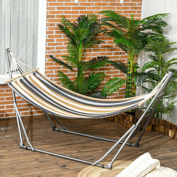 Skládací zahradní houpací síť s kovovým stojanem Outsunny, 1 místo, maximální nosnost 120 kg, rozměry 270L x 100W x 94H cm | Aosom