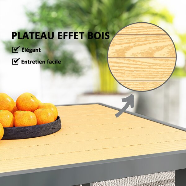 Jídelní stůl Outsunny pro 6 osob, zahradní stůl s obdélníkovým vrchem z oceli s dřevěným efektem, proti rezivění, pro terasu, 150 x 90 x 72 cm, přírod