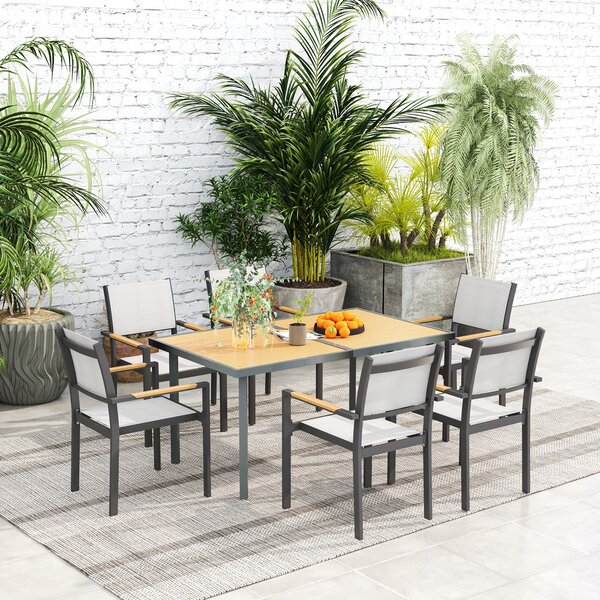 Jídelní stůl Outsunny pro 6 osob, zahradní stůl s obdélníkovým vrchem z oceli s dřevěným efektem, proti rezivění, pro terasu, 150 x 90 x 72 cm, přírod