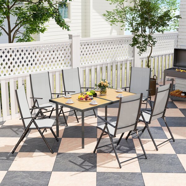 Jídelní stůl Outsunny pro 6 osob, zahradní stůl s obdélníkovým vrchem z oceli s dřevěným efektem, proti rezivění, pro terasu, 150 x 90 x 72 cm, přírod