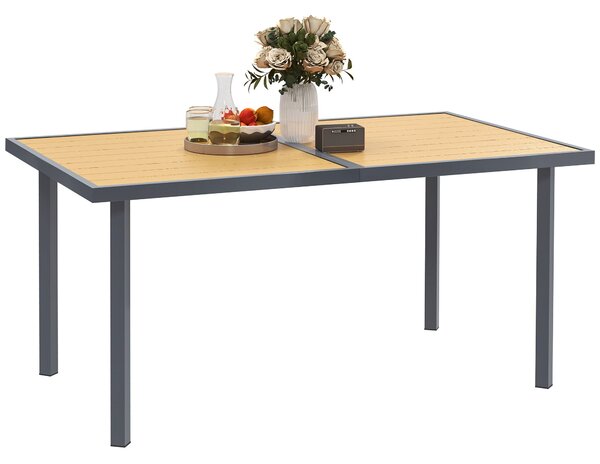 Jídelní stůl Outsunny pro 6 osob, zahradní stůl s obdélníkovým vrchem z oceli s dřevěným efektem, proti rezivění, pro terasu, 150 x 90 x 72 cm, přírod