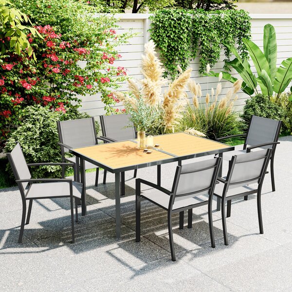 Jídelní stůl Outsunny pro 6 osob, zahradní stůl s obdélníkovým vrchem z oceli s dřevěným efektem, proti rezivění, pro terasu, 150 x 90 x 72 cm, přírod