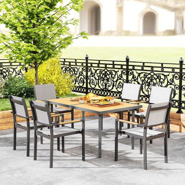 Jídelní stůl Outsunny pro 6 osob, zahradní stůl s obdélníkovým vrchem z oceli s dřevěným efektem, proti rezivění, pro terasu, 150 x 90 x 72 cm, přírod