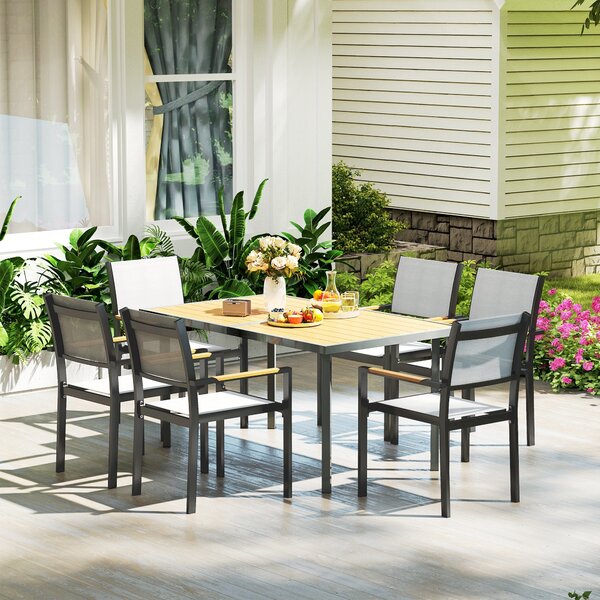 Jídelní stůl Outsunny pro 6 osob, zahradní stůl s obdélníkovým vrchem z oceli s dřevěným efektem, proti rezivění, pro terasu, 150 x 90 x 72 cm, přírod