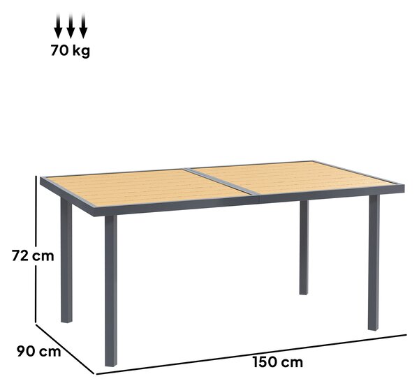Jídelní stůl Outsunny pro 6 osob, zahradní stůl s obdélníkovým vrchem z oceli s dřevěným efektem, proti rezivění, pro terasu, 150 x 90 x 72 cm, přírod