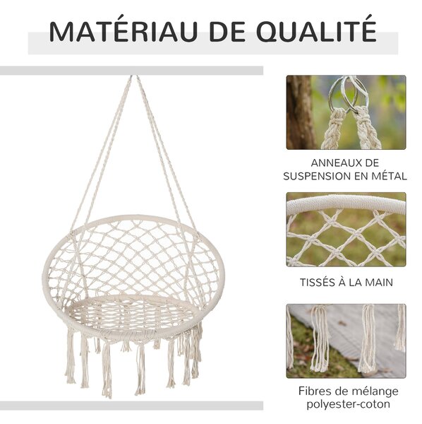 Houpací křeslo Outsunny pro vnitřní a venkovní použití, závěsné houpací křeslo, přenosná cestovní houpací síť, Ø 80 x 42H cm, makramé, bavlna, polyest