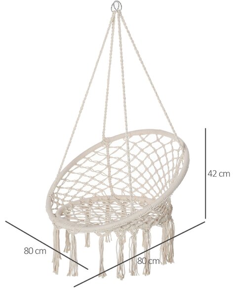 Houpací křeslo Outsunny pro vnitřní a venkovní použití, závěsné houpací křeslo, přenosná cestovní houpací síť, Ø 80 x 42H cm, makramé, bavlna, polyest