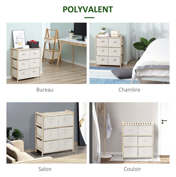 HOMCOM Textilní úložný box se 4 skládacími lněnými zásuvkami Elegantní styl pro ložnici, kancelář, obývací pokoj 59 x 28 x 50 cm Přírodní dřevo Béžová
