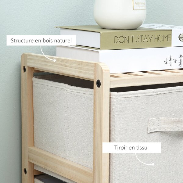 HOMCOM Textilní úložný box se 4 skládacími lněnými zásuvkami Elegantní styl pro ložnici, kancelář, obývací pokoj 59 x 28 x 50 cm Přírodní dřevo Béžová