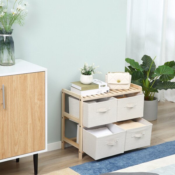 HOMCOM Textilní úložný box se 4 skládacími lněnými zásuvkami Elegantní styl pro ložnici, kancelář, obývací pokoj 59 x 28 x 50 cm Přírodní dřevo Béžová