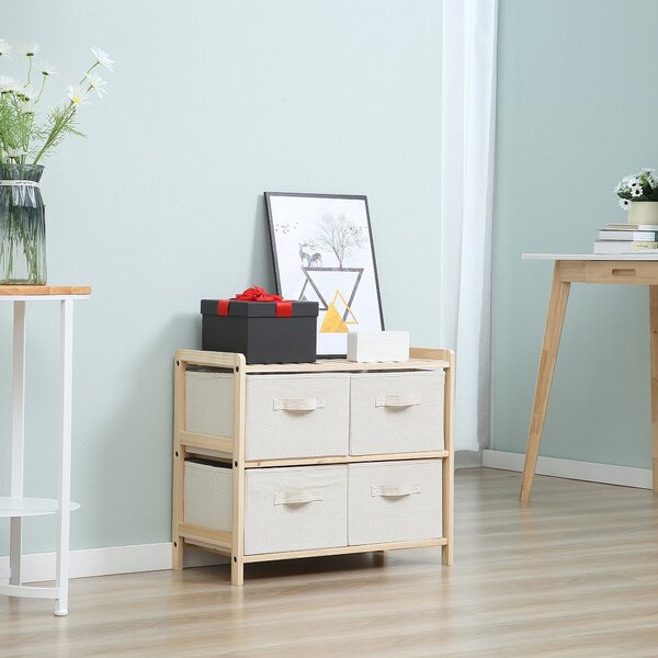 HOMCOM Textilní úložný box se 4 skládacími lněnými zásuvkami Elegantní styl pro ložnici, kancelář, obývací pokoj 59 x 28 x 50 cm Přírodní dřevo Béžová