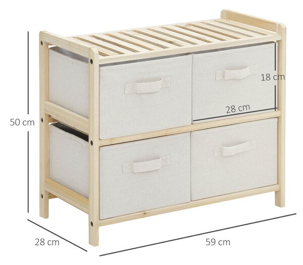 HOMCOM Textilní úložný box se 4 skládacími lněnými zásuvkami Elegantní styl pro ložnici, kancelář, obývací pokoj 59 x 28 x 50 cm Přírodní dřevo Béžová