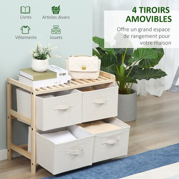 HOMCOM Textilní úložný box se 4 skládacími lněnými zásuvkami Elegantní styl pro ložnici, kancelář, obývací pokoj 59 x 28 x 50 cm Přírodní dřevo Béžová