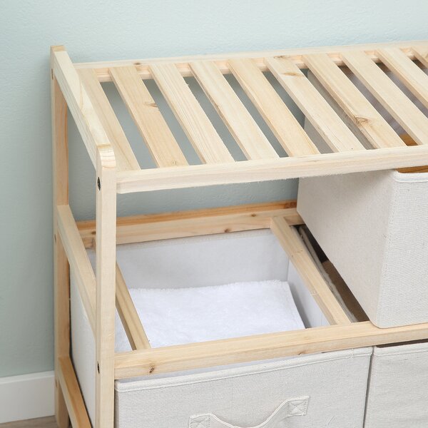 HOMCOM Textilní úložný box se 4 skládacími lněnými zásuvkami Elegantní styl pro ložnici, kancelář, obývací pokoj 59 x 28 x 50 cm Přírodní dřevo Béžová