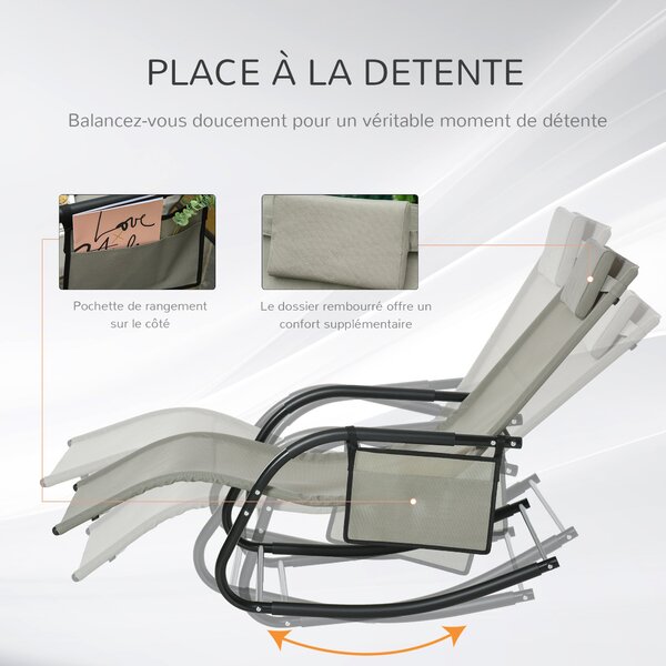 Ergonomické houpací křeslo Outsunny - odnímatelný polštářek, opěrky na ruce, úložný pocket - světle šedý kovový epoxidový textilene | Aosom