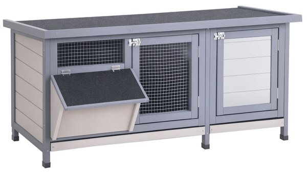 PawHut Zvednutý Zající Kotec s Otevíracím Bitumenovým Plech, 2 Zamykatelné Dveře, 2 Sklopné Zásuvky na Exkrementy, Krmítko, Ošetřené Modřínové Dřevo