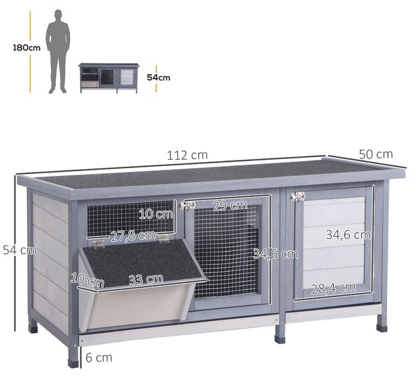 PawHut Zvednutý Zající Kotec s Otevíracím Bitumenovým Plech, 2 Zamykatelné Dveře, 2 Sklopné Zásuvky na Exkrementy, Krmítko, Ošetřené Modřínové Dřevo