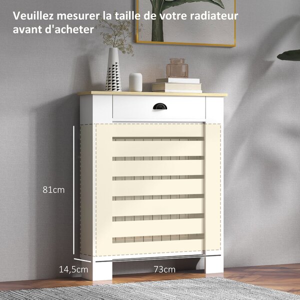 HOMCOM Kryt na radiátor, Radiátorová skříň, Horizontální mřížka, se zásuvkou, pro obývací pokoj, ložnici, chodbu, Dřevo, 78 x 19 x 95,5 cm, Bílá | Aos