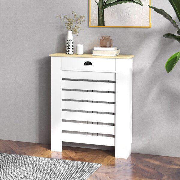 HOMCOM Kryt na radiátor, Radiátorová skříň, Horizontální mřížka, se zásuvkou, pro obývací pokoj, ložnici, chodbu, Dřevo, 78 x 19 x 95,5 cm, Bílá | Aos