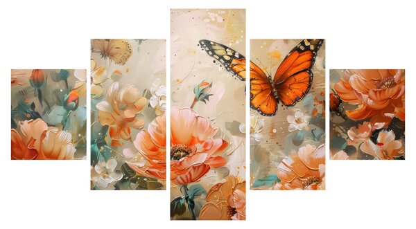 Obraz - Motýl a květy, olejomalba (125x70 cm)