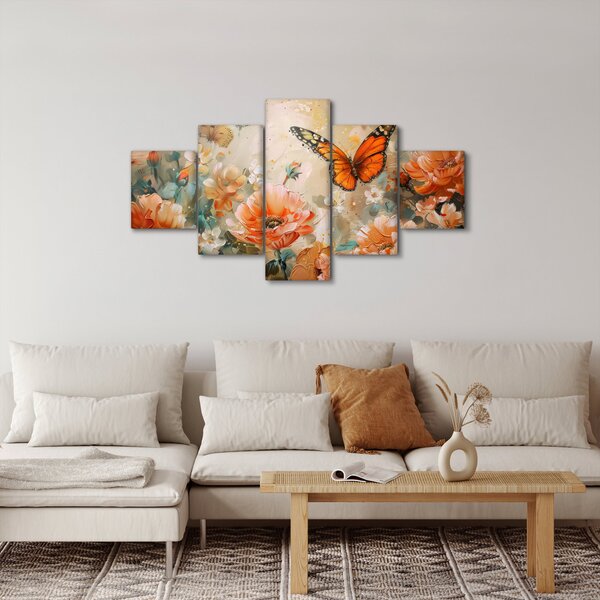 Obraz - Motýl a květy, olejomalba (125x70 cm)
