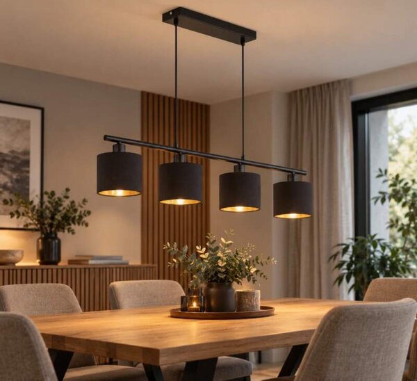 Trio Leuchten R30334079 TOMMY - Závěsný lustr nad jídelní stůl 4 x E14 / černo zlatá (Moderní závěsný lustr s textilními stínidly v černé barvě)
