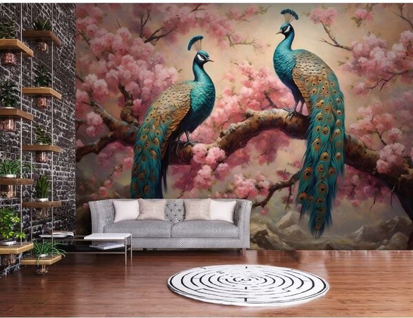 Fototapeta vliesová: Art Abstract Branches Flowers Birds Peacocks (1) - 416x254 cm