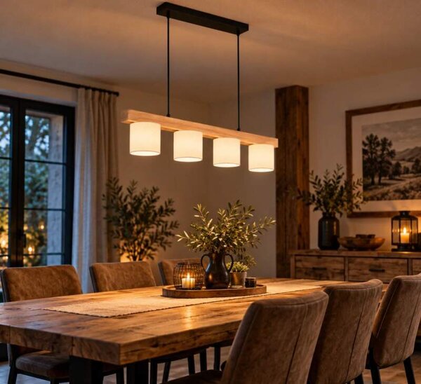 Trio Leuchten R30654001 CAMERON - Závěsný lustr nad jídelní stůl se dřevěnou lištou 4 x E14 (Moderní závěsný lustr se dřevěnou lištou a textilními stínidly v bílé barvě)