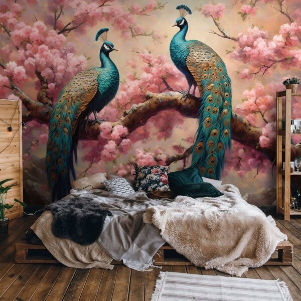 Fototapeta vliesová: Art Abstract Branches Flowers Birds Peacocks (1) - 416x254 cm