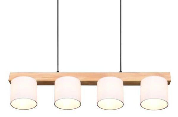 Trio Leuchten R30654001 CAMERON - Závěsný lustr nad jídelní stůl se dřevěnou lištou 4 x E14 (Moderní závěsný lustr se dřevěnou lištou a textilními stínidly v bílé barvě)