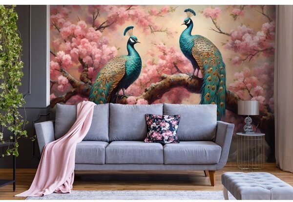 Fototapeta vliesová: Art Abstract Branches Flowers Birds Peacocks (1) - 416x254 cm