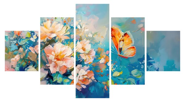 Obraz - Motýl a květy, olejomalba II. (125x70 cm)
