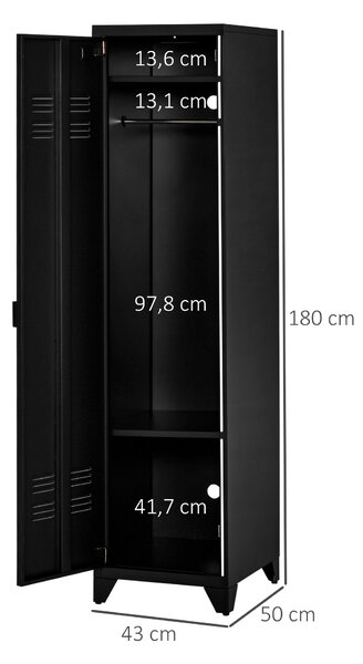 HOMCOM Kompaktní kovová skříň na šaty s úložným prostorem, průmyslový styl s 3 policemi a 1 tyčí 43Š x 50H x 180V cm | Aosom
