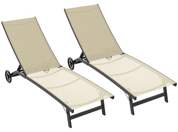 Outsunny Sada 2 skládacích lehátek z hliníku a textileny s kolečky, vícestupňový opěrák, max. zatížení 150 kg khaki | Aosom