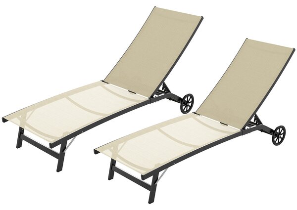 Outsunny Sada 2 skládacích lehátek z hliníku a textileny s kolečky, vícestupňový opěrák, max. zatížení 150 kg khaki | Aosom