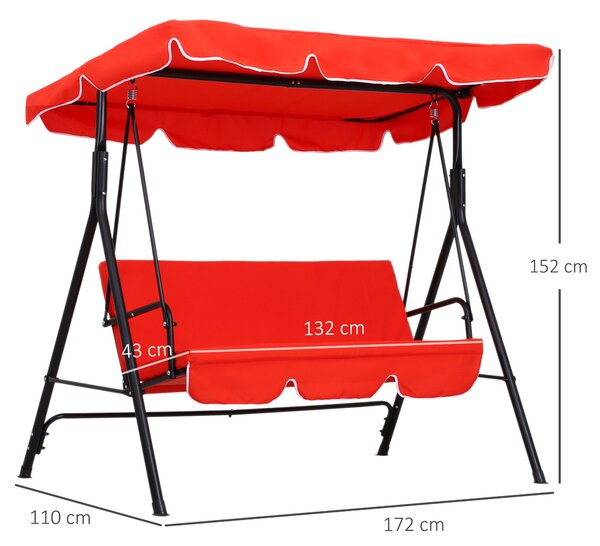 Kovový zahradní houpací křeslo Outsunny pro 3 osoby s nastavitelnou markýzou, sedadlem a opěrkami 1,72D x 1,1Š x 1,52V m Černá ocel Červený polyester