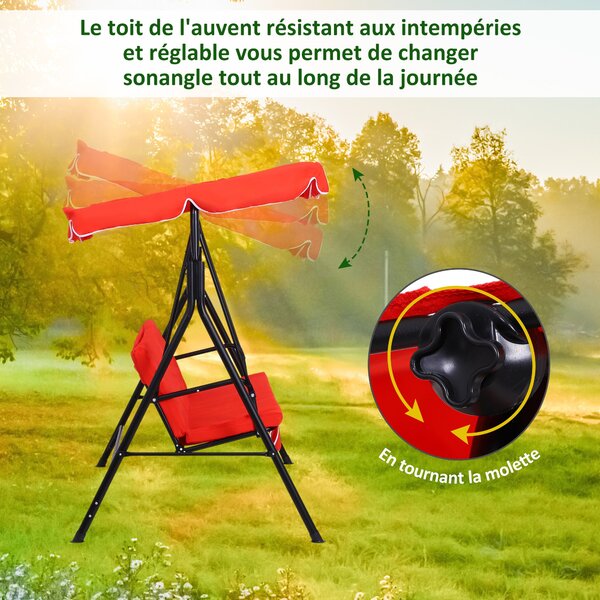 Kovový zahradní houpací křeslo Outsunny pro 3 osoby s nastavitelnou markýzou, sedadlem a opěrkami 1,72D x 1,1Š x 1,52V m Černá ocel Červený polyester