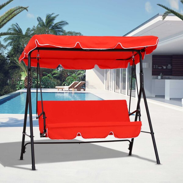 Kovový zahradní houpací křeslo Outsunny pro 3 osoby s nastavitelnou markýzou, sedadlem a opěrkami 1,72D x 1,1Š x 1,52V m Černá ocel Červený polyester