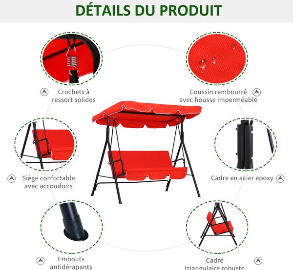 Kovový zahradní houpací křeslo Outsunny pro 3 osoby s nastavitelnou markýzou, sedadlem a opěrkami 1,72D x 1,1Š x 1,52V m Černá ocel Červený polyester