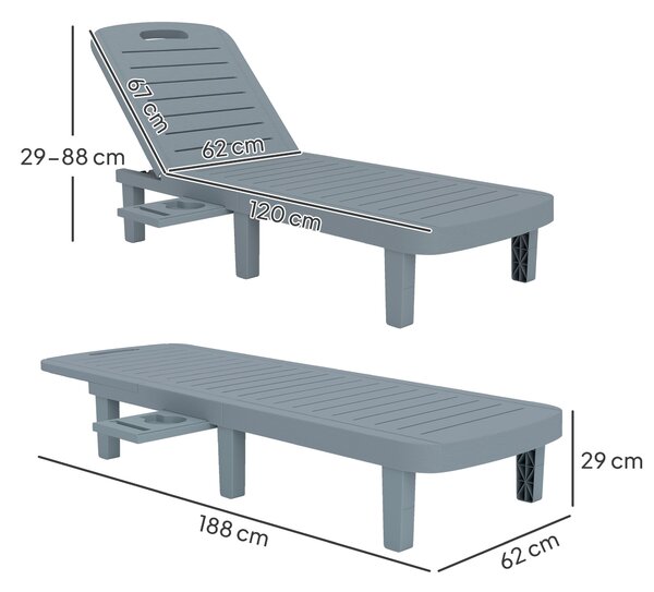 Outsunny Sada 2 Slunečních Lehátek, Lehátko s Výsuvnými Tácky, Sklopné Zahradní Lehátko pro Venkovní Použití, Povrch s Dřevěným Vzhledem pro Relaxaci