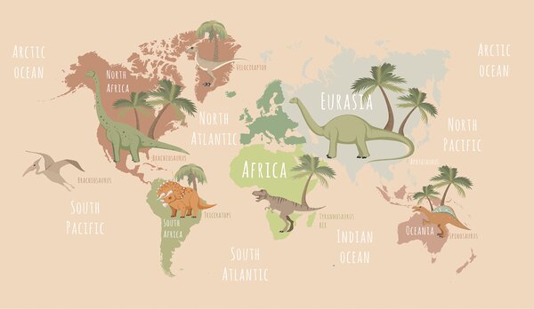 Fototapety na míru, Mapa Světa s dinosaury, 10008, Vavex