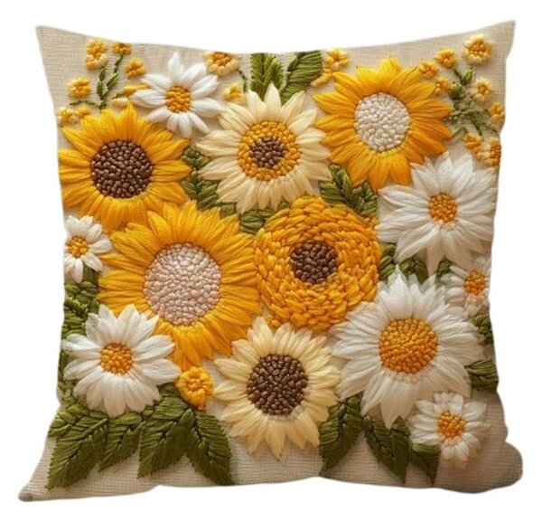 Bavlissimo Dekorativní povlak na polštář s výšivkou slunečnic – bohatý květinový motiv 45 × 45 cm