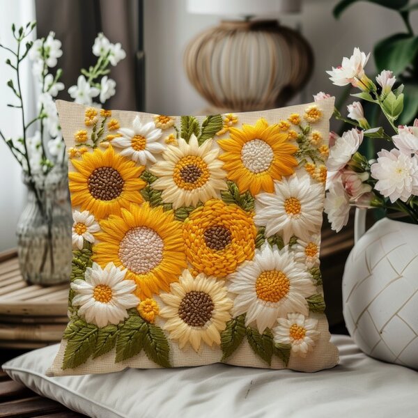 Bavlissimo Dekorativní povlak na polštář s výšivkou slunečnic – bohatý květinový motiv 45 × 45 cm