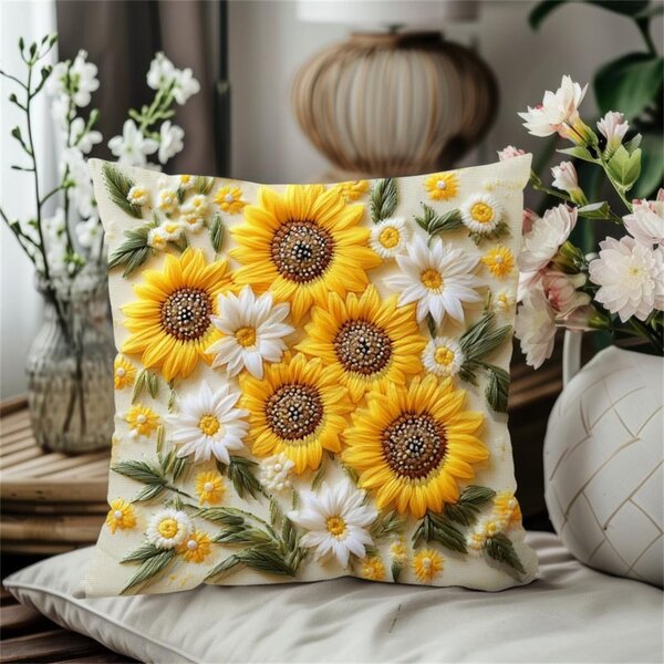 Bavlissimo Dekorativní povlak na polštář s výšivkou slunečnic – 5 květů, 45 × 45 cm