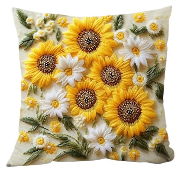 Bavlissimo Dekorativní povlak na polštář s výšivkou slunečnic – 5 květů, 45 × 45 cm