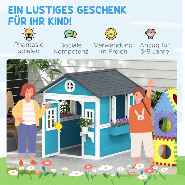 Dřevěný domek pro děti Outsunny do exteriéru s oknem, květinovou policí, pěstebním boxem a dveřmi - zahradní domek pro děti ve věku 3-8 let Modrá | Ao
