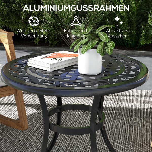 Outsunny Boční Stolek, Zahradní Stolek, Patio Stolek s Hliníkovým Rámem, Kavový Stolek s Nosností až 50 kg pro Zahradu a Balkon, Černý, 60 x 60 x 53 c