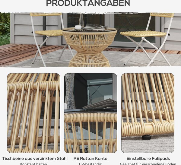 Outsunny Ratanový konferenční stolek, Ø60 cm zahradní stůl s skleněným stolním topem, balkonový stůl v boho designu | Aosom