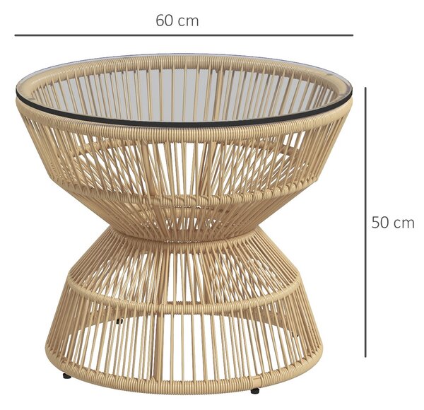 Outsunny Ratanový konferenční stolek, Ø60 cm zahradní stůl s skleněným stolním topem, balkonový stůl v boho designu | Aosom