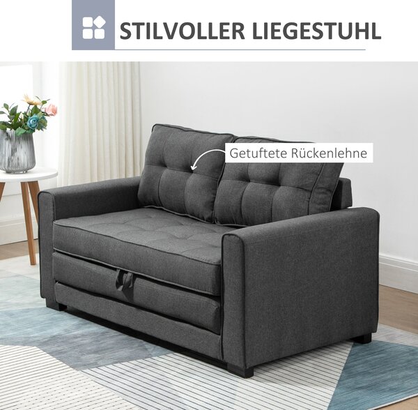 HOMCOM Rozkládací pohovka pro spaní 2-místná látková pohovka s funkcí spaní, pohovka s dotekem lnu, gumovníkové dřevo, šedá 147,5 x 75 x 85 cm | Aosom